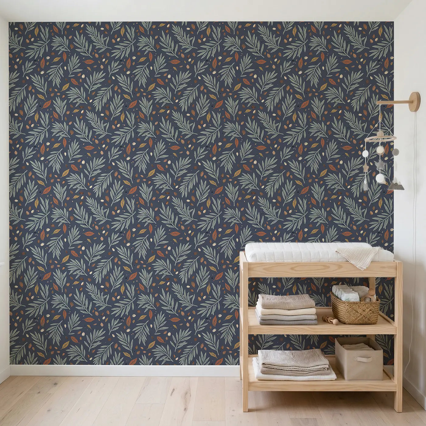 Olive Branches Block Print wallpaper in Scandinavian nursery - Whimsy Tots