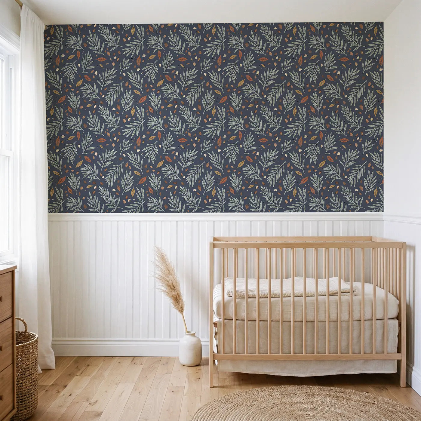 Olive Branches Block Print wallpaper above wainscoting - Whimsy Tots