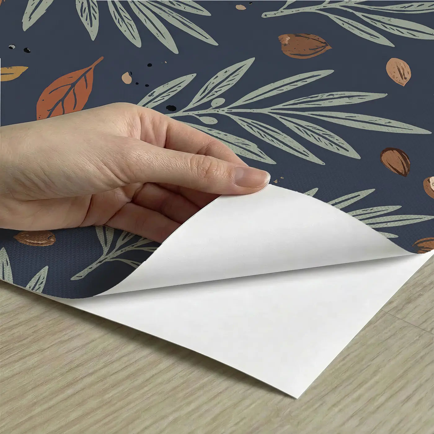 Olive Branches Block Print peel and stick material close-up - Whimsy Tots