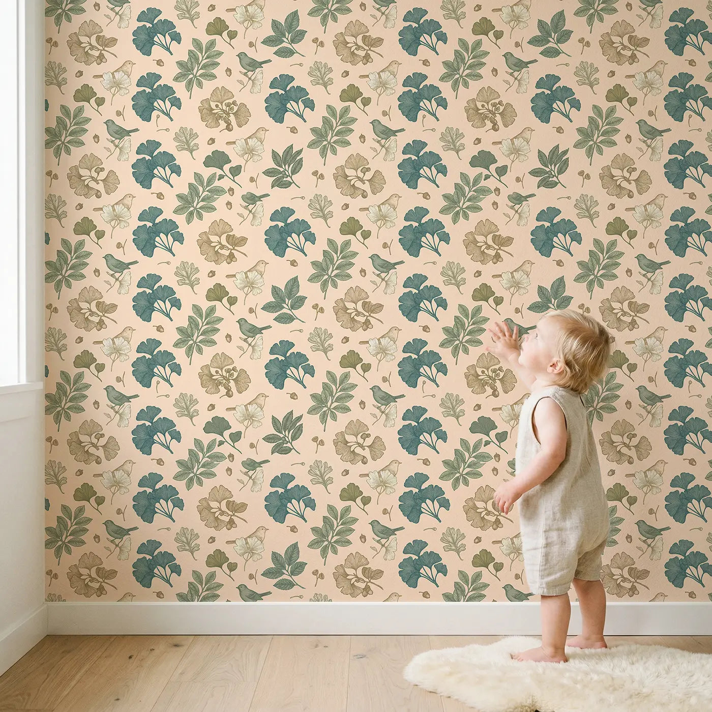Ginkgo Fan-Shaped Leaves Botanical Elegance wallpaper in styled kids room - Whimsy Tots