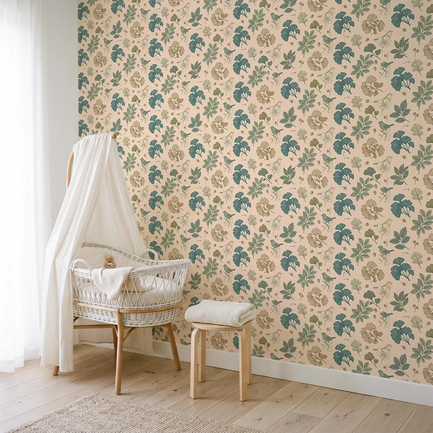 Ginkgo Fan-Shaped Leaves Botanical Elegance wallpaper in Scandinavian nursery - Whimsy Tots