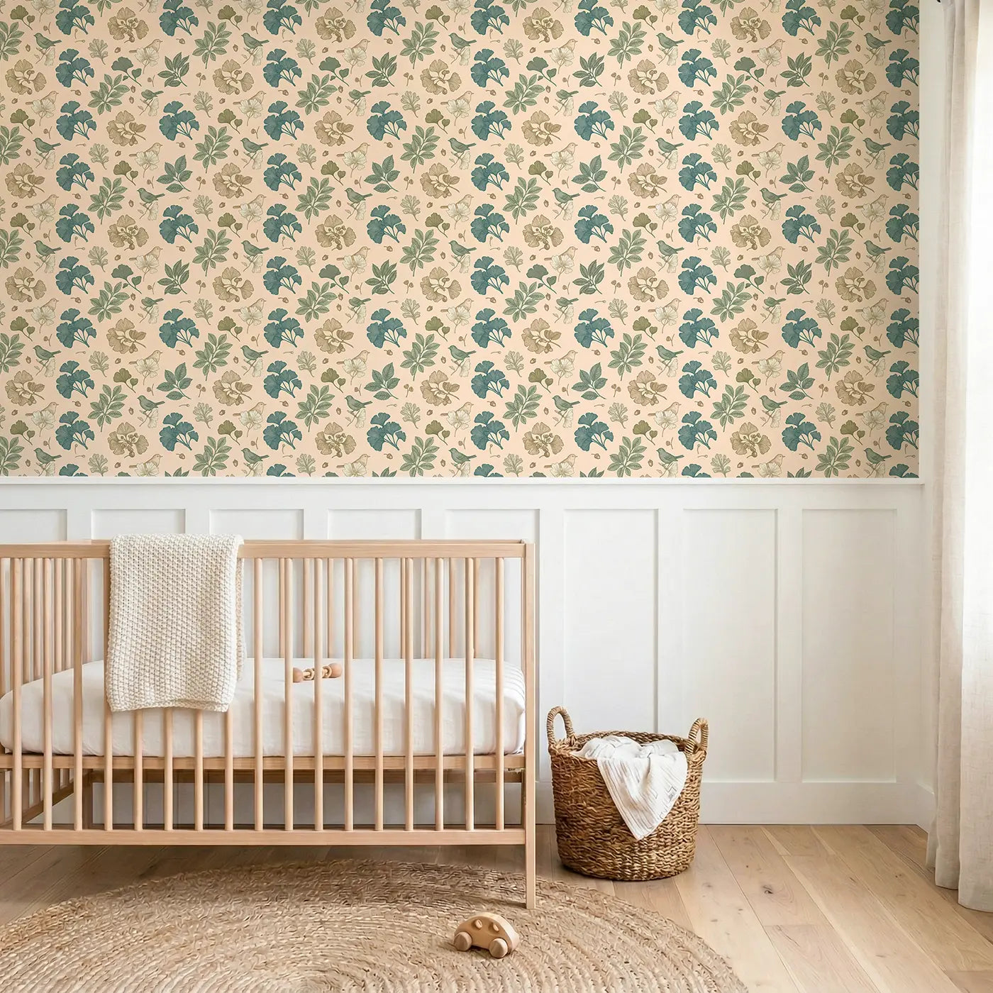 Ginkgo Fan-Shaped Leaves Botanical Elegance wallpaper above wainscoting - Whimsy Tots