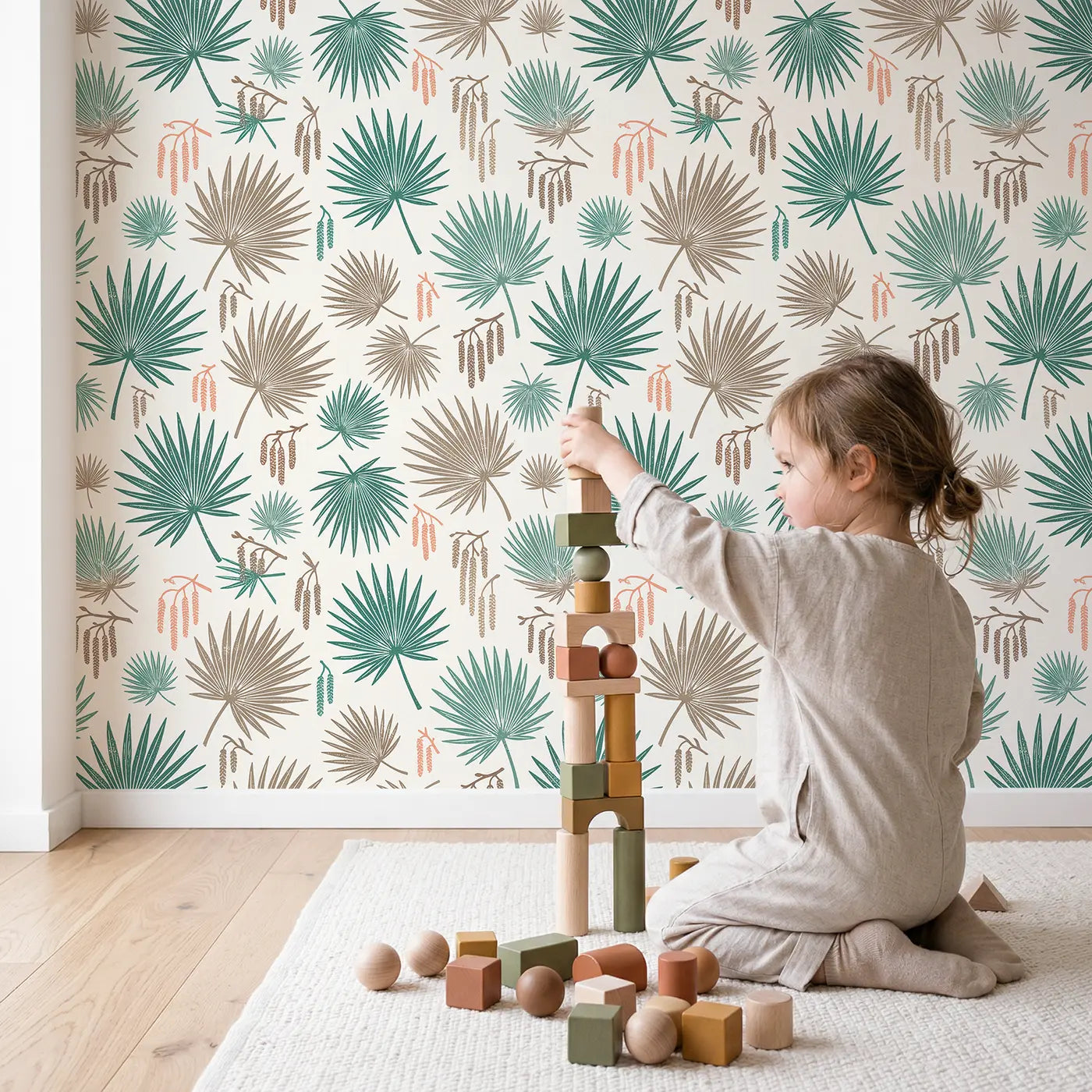 Palm Fronds Long Block Print wallpaper in styled kids room - Whimsy Tots