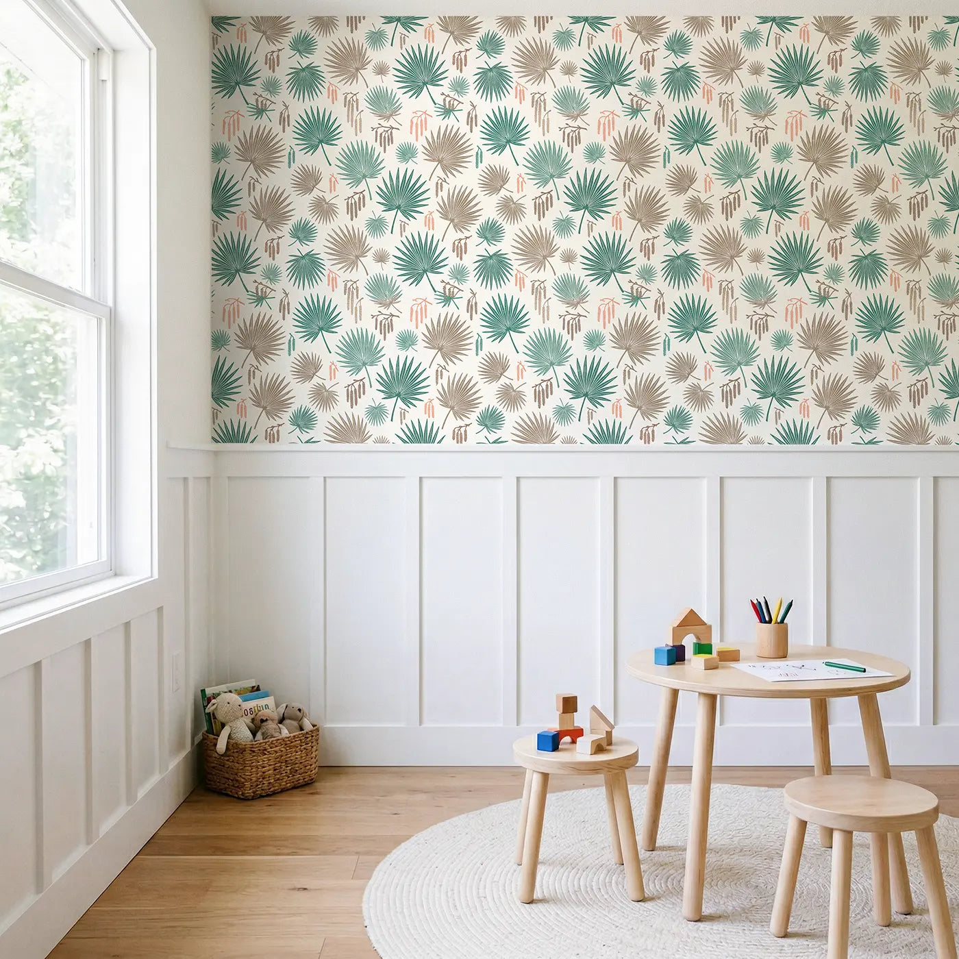 Palm Fronds Long Block Print wallpaper above wainscoting - Whimsy Tots