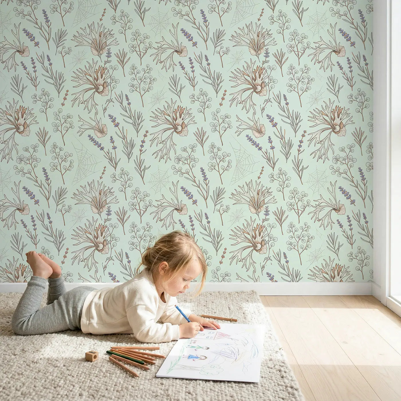 Baby Blue Eucalyptus Botanical Elegance wallpaper in styled kids room - Whimsy Tots