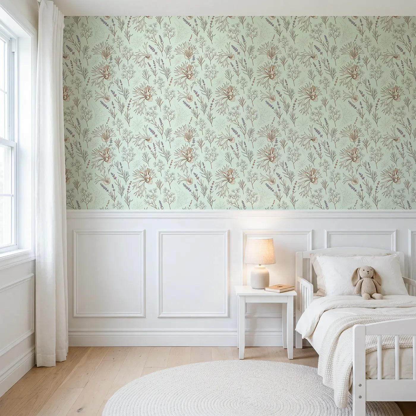 Baby Blue Eucalyptus Botanical Elegance wallpaper above wainscoting - Whimsy Tots