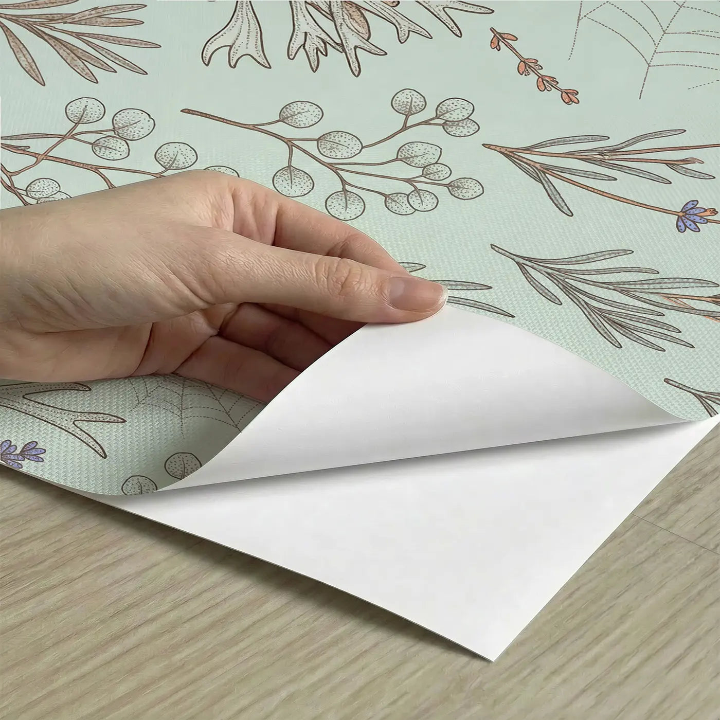 Baby Blue Eucalyptus Botanical Elegance peel and stick material close-up - Whimsy Tots