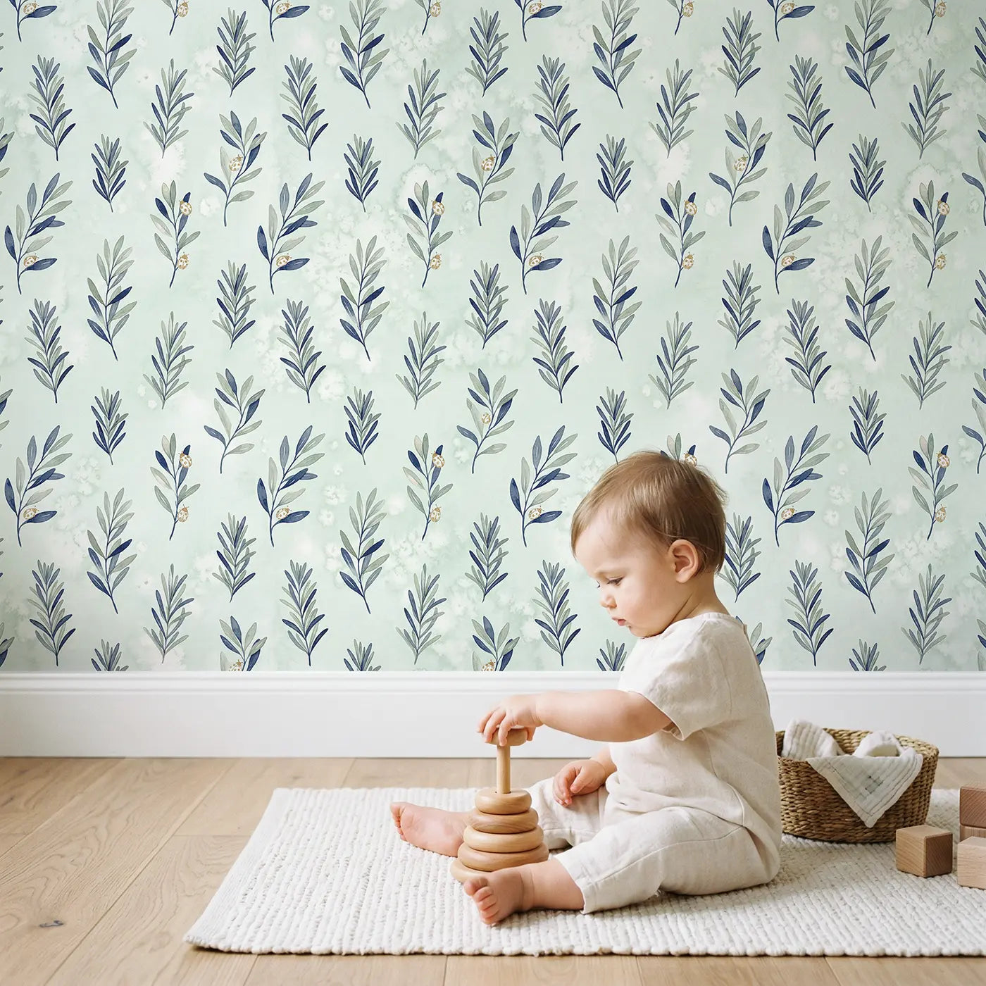 Trailing Olive Branch Watercolor II wallpaper in styled kids room - Whimsy Tots