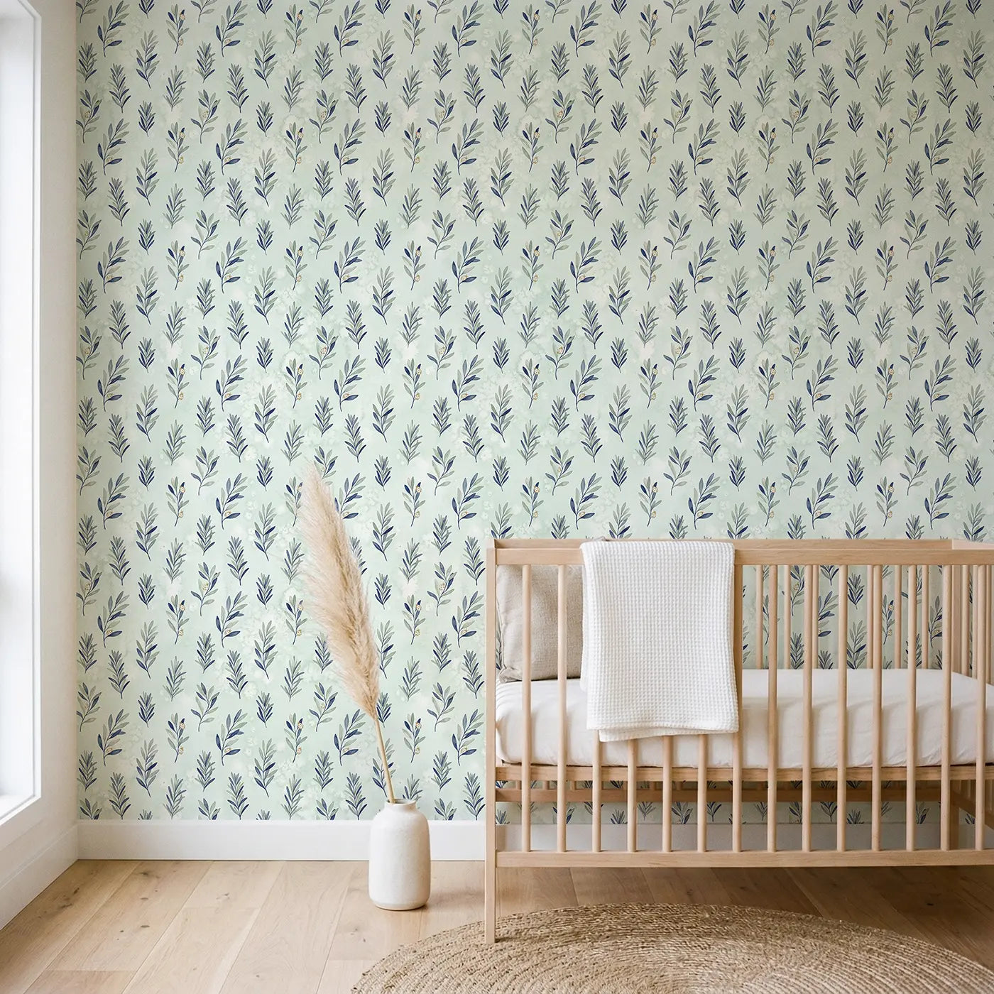 Trailing Olive Branch Watercolor II wallpaper in Scandinavian nursery - Whimsy Tots