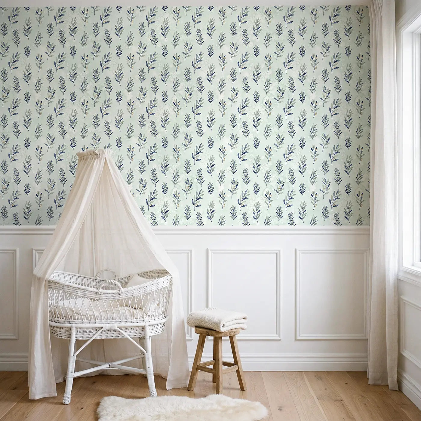 Trailing Olive Branch Watercolor II wallpaper above wainscoting - Whimsy Tots