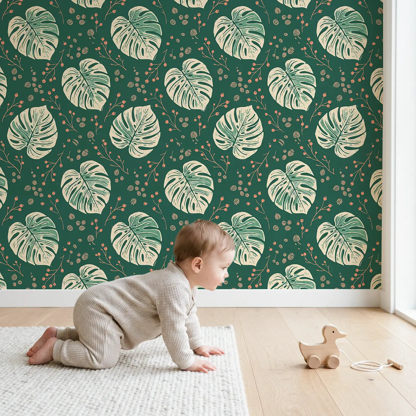 Single Monstera Block Print wallpaper in styled kids room - Whimsy Tots