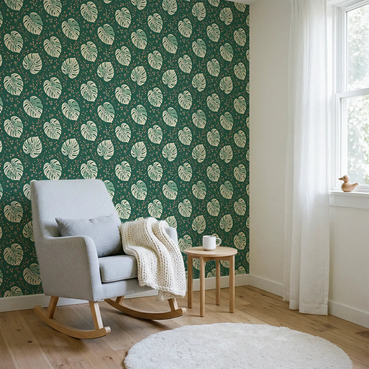 Single Monstera Block Print wallpaper in Scandinavian nursery - Whimsy Tots