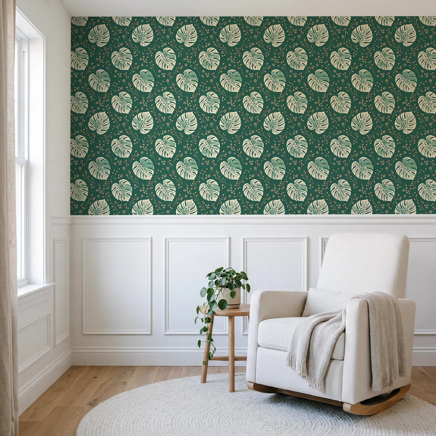 Single Monstera Block Print wallpaper above wainscoting - Whimsy Tots