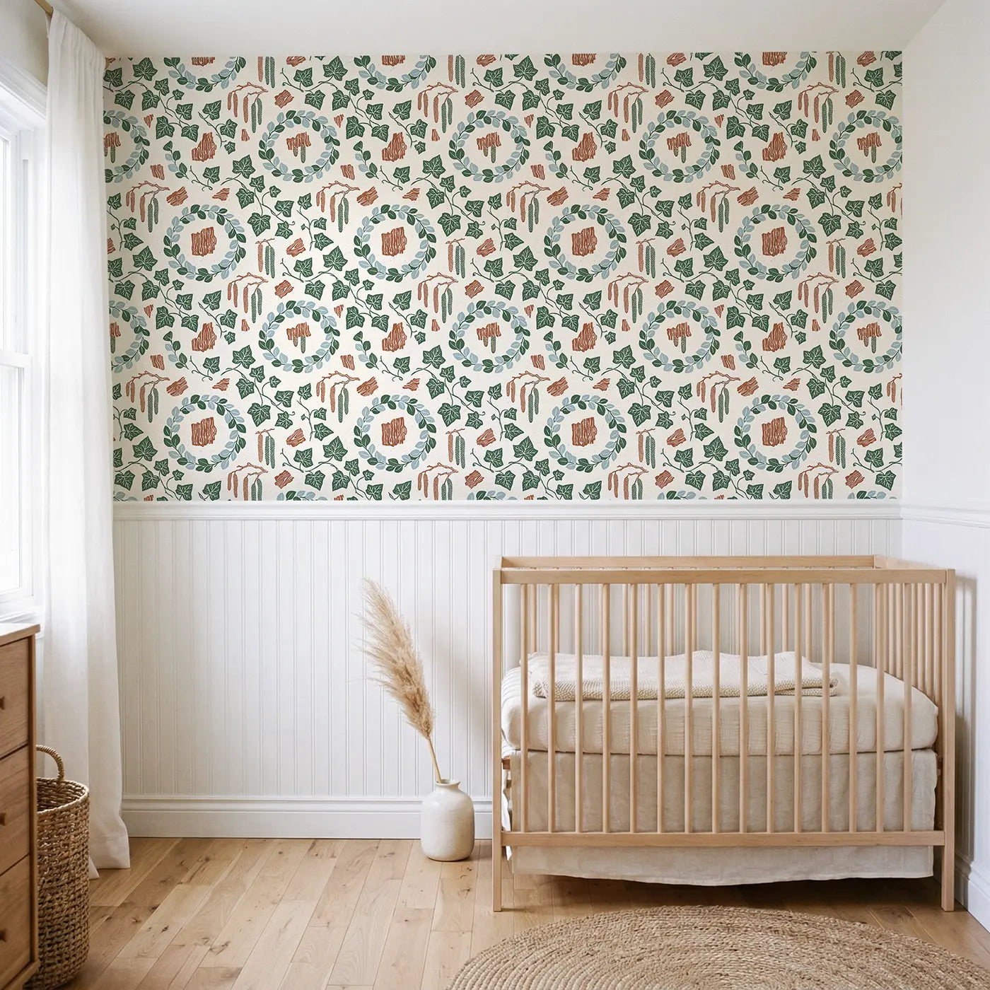 Heart-Shaped Ivy Block Print wallpaper above wainscoting - Whimsy Tots