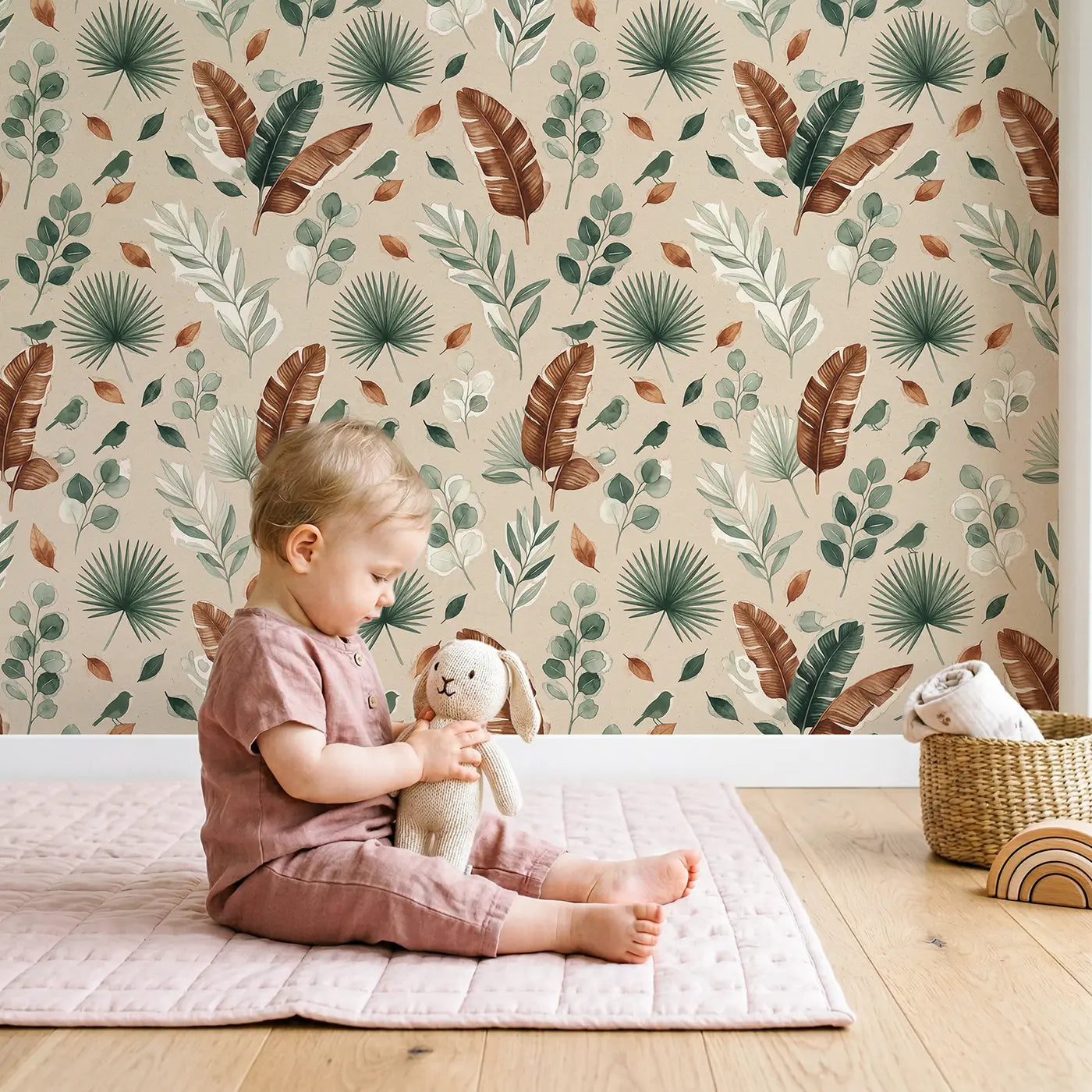 Mixed Eucalyptus Varieties Watercolor wallpaper in styled kids room - Whimsy Tots