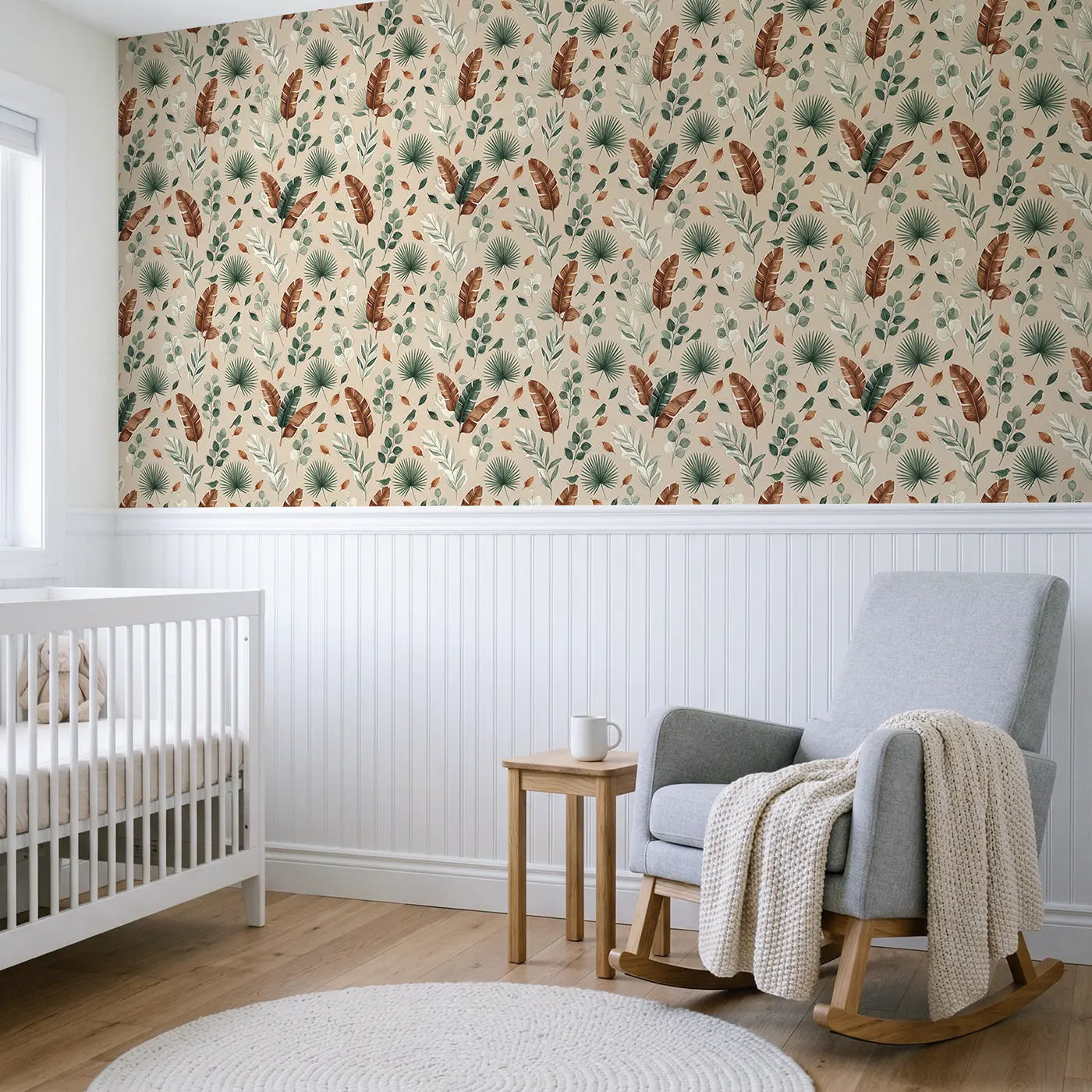 Mixed Eucalyptus Varieties Watercolor wallpaper above wainscoting - Whimsy Tots