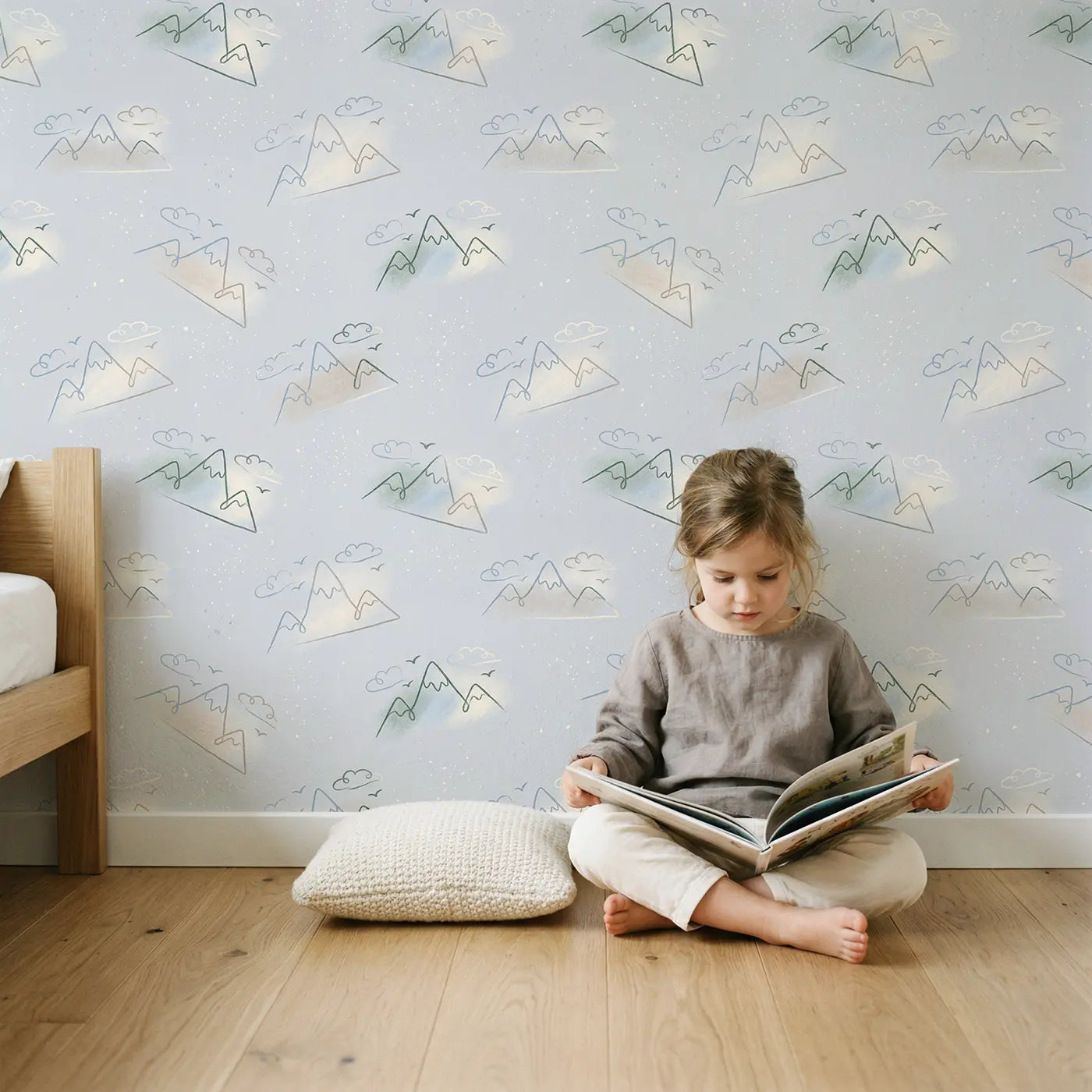 Minimalist Mountain Soft Pastel wallpaper in styled kids room - Whimsy Tots