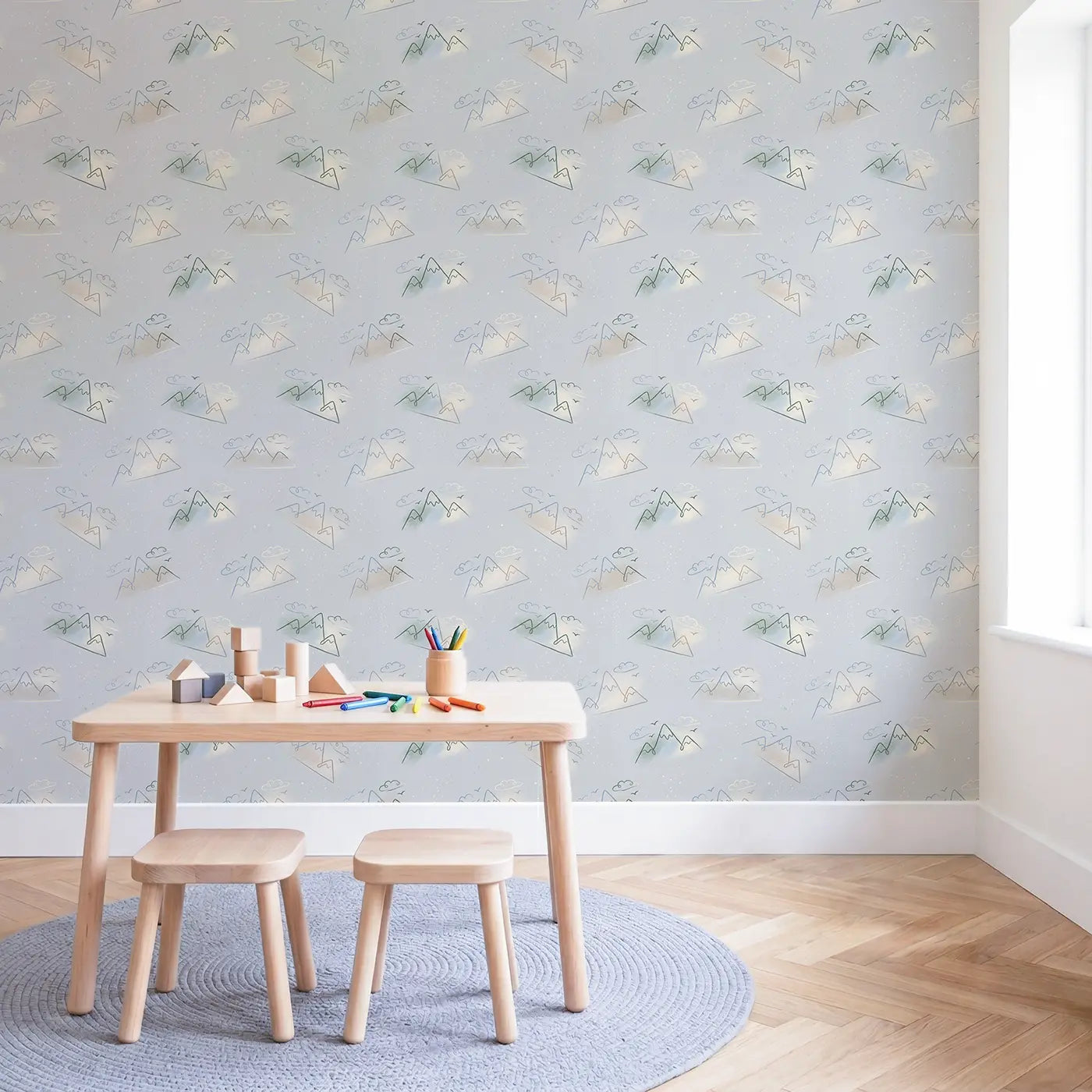 Minimalist Mountain Soft Pastel wallpaper in Scandinavian nursery - Whimsy Tots
