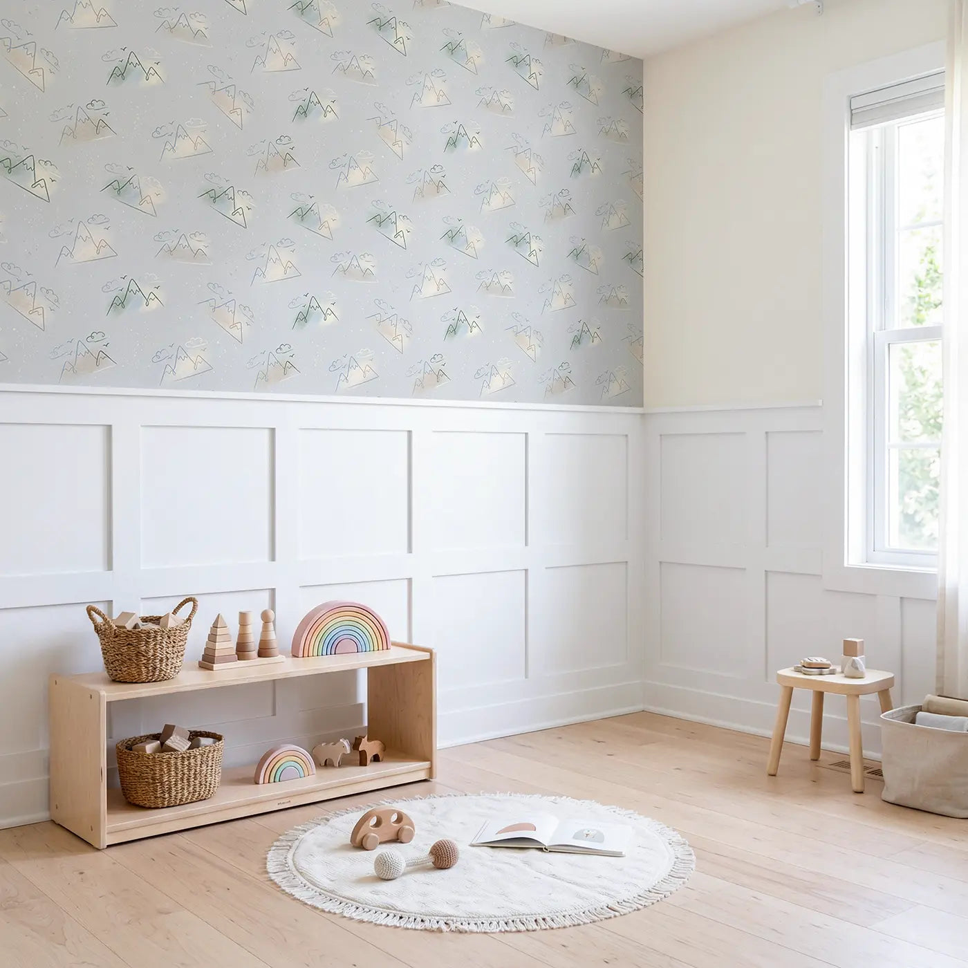 Minimalist Mountain Soft Pastel wallpaper above wainscoting - Whimsy Tots