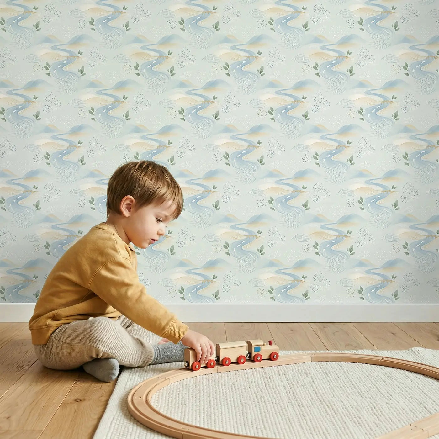 River Meandering Soft Pastel wallpaper in styled kids room - Whimsy Tots