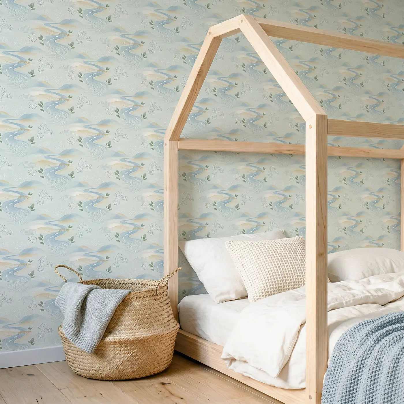 River Meandering Soft Pastel wallpaper in Scandinavian nursery - Whimsy Tots