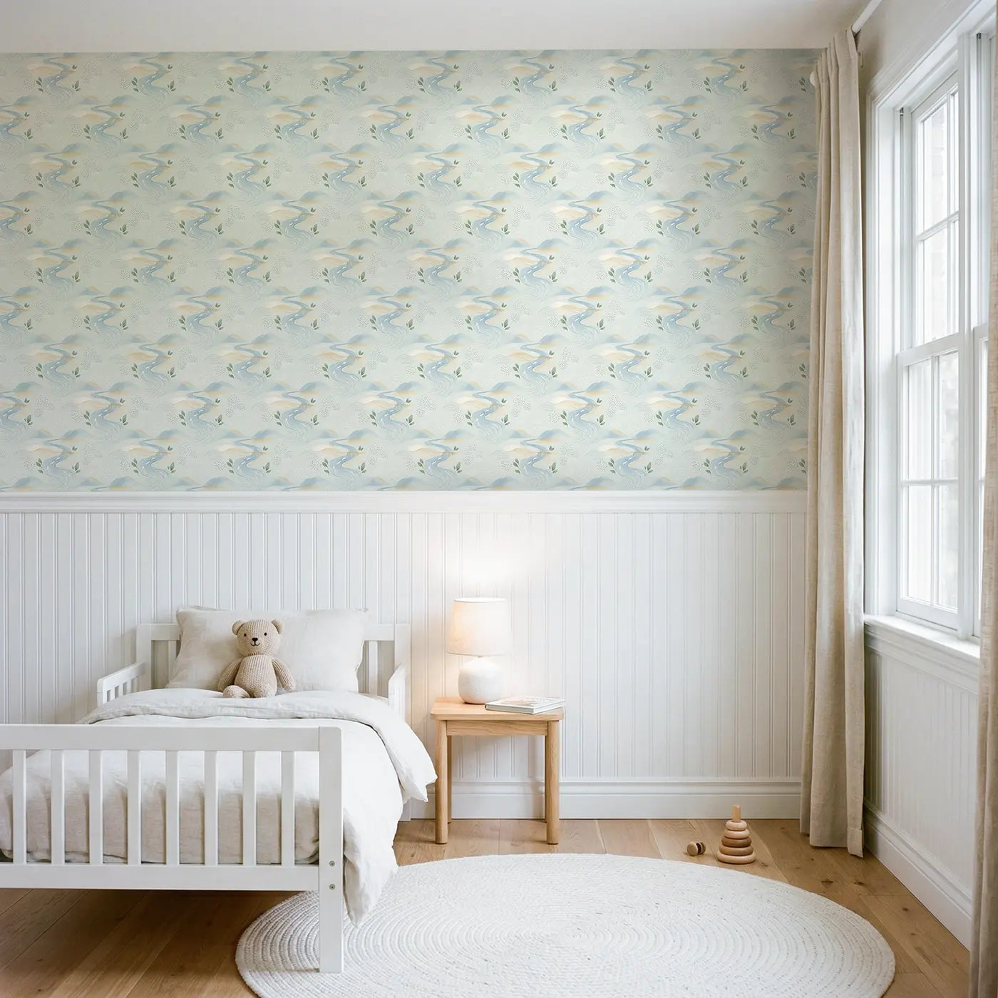 River Meandering Soft Pastel wallpaper above wainscoting - Whimsy Tots