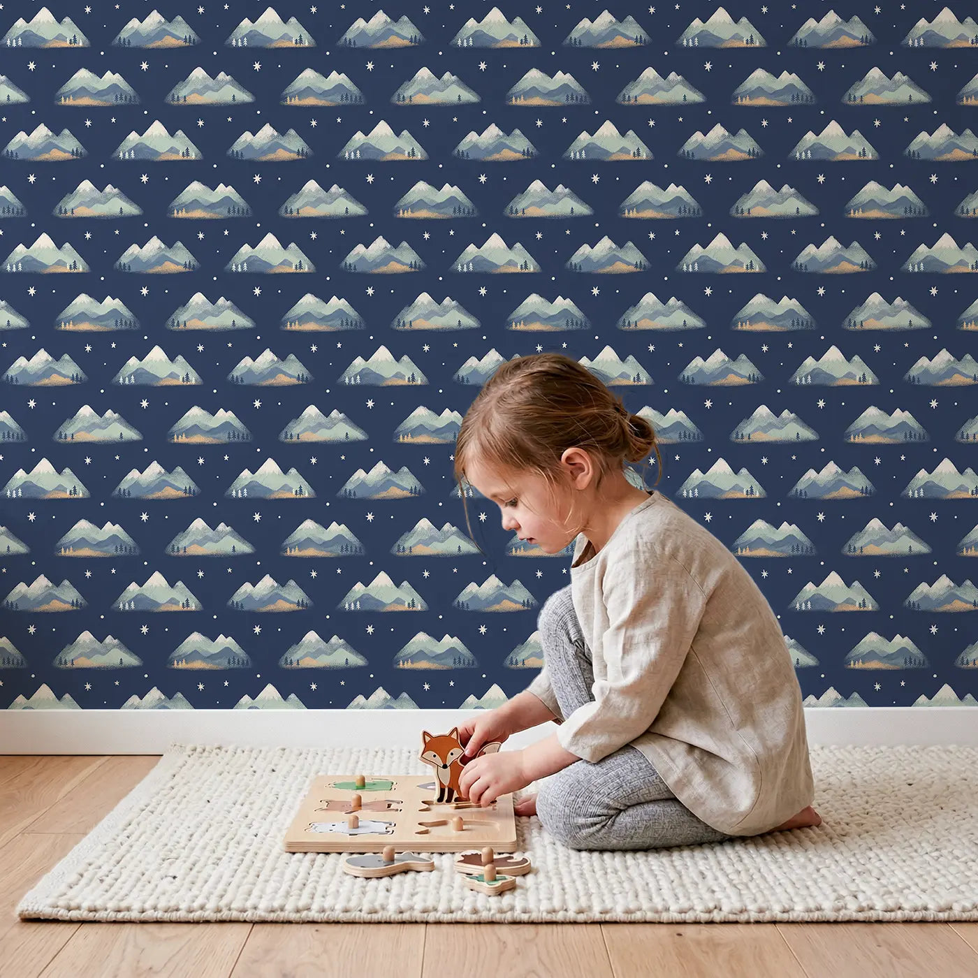 Layered Mountain Soft Pastel wallpaper in styled kids room - Whimsy Tots