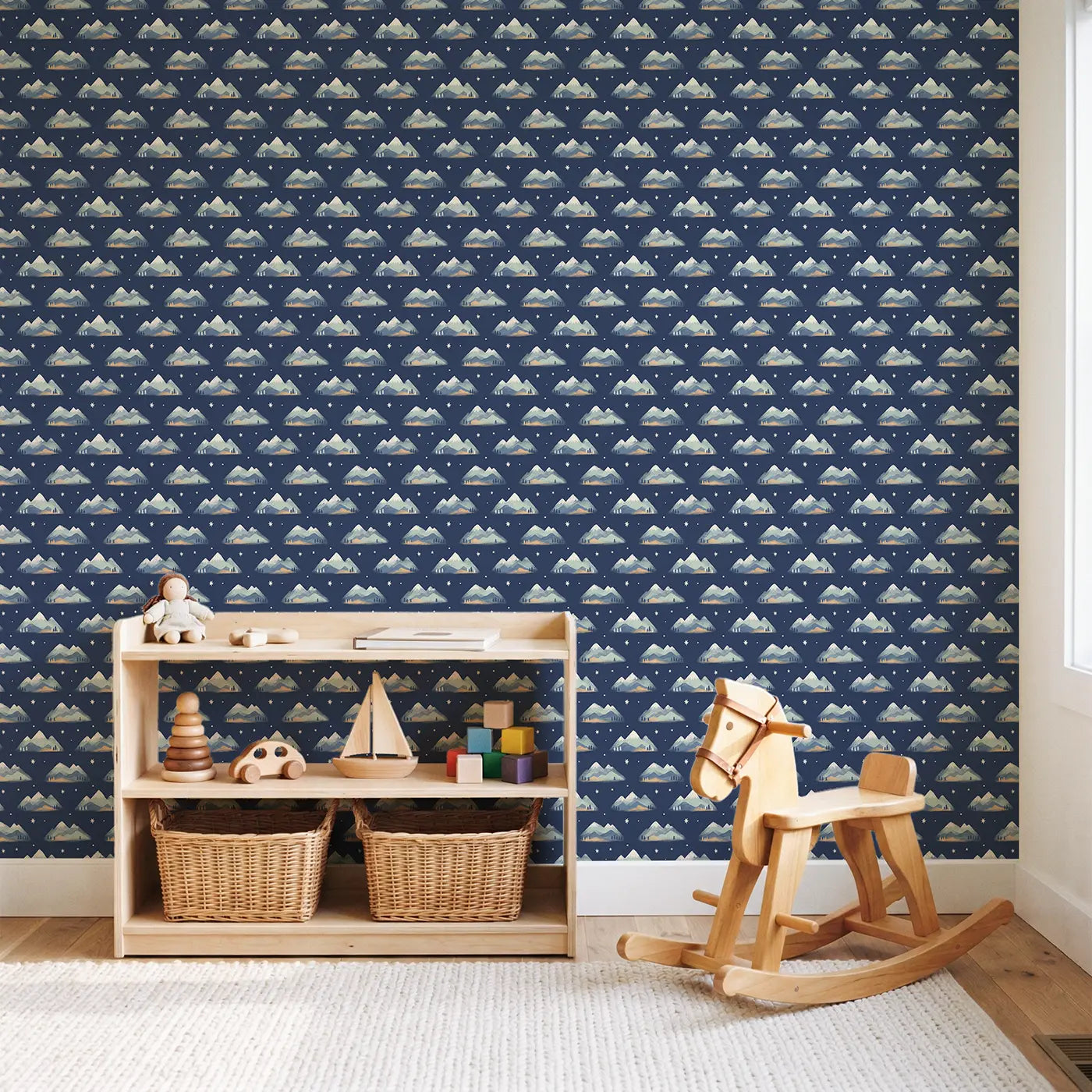 Layered Mountain Soft Pastel wallpaper in Scandinavian nursery - Whimsy Tots