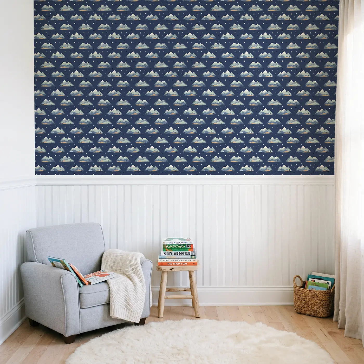 Layered Mountain Soft Pastel wallpaper above wainscoting - Whimsy Tots