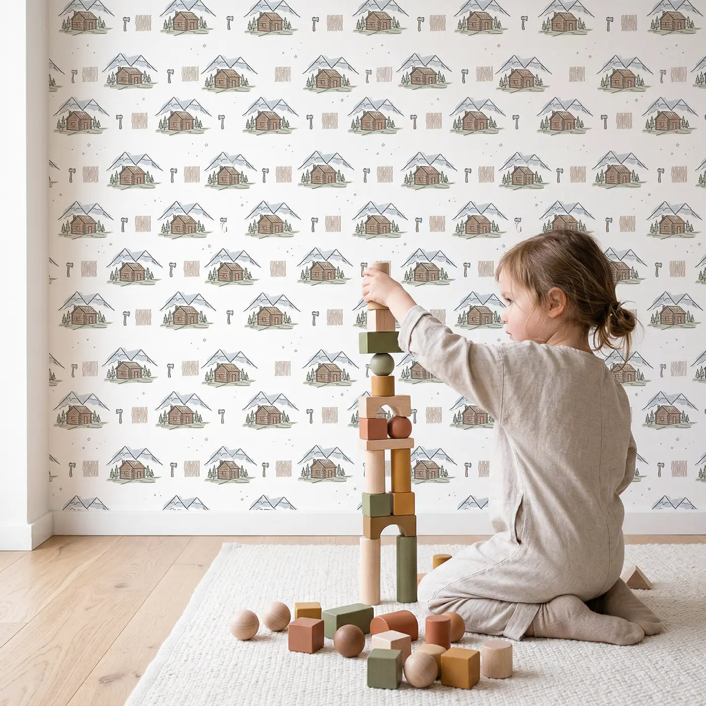 Log Cabin Hand-Drawn wallpaper in styled kids room - Whimsy Tots