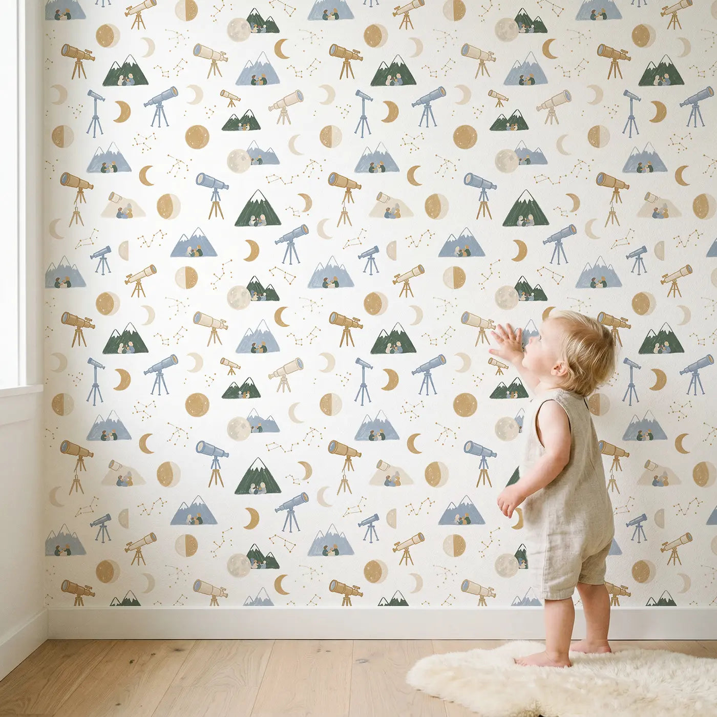 Telescope Stargazing Soft Pastel wallpaper in styled kids room - Whimsy Tots