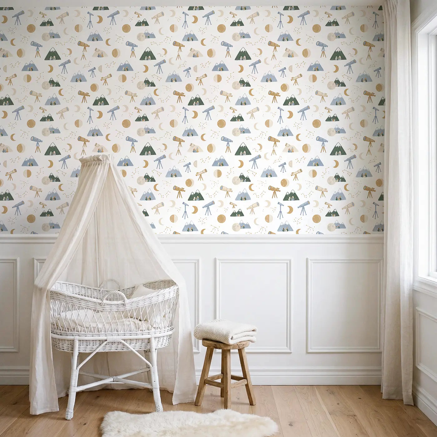 Telescope Stargazing Soft Pastel wallpaper above wainscoting - Whimsy Tots