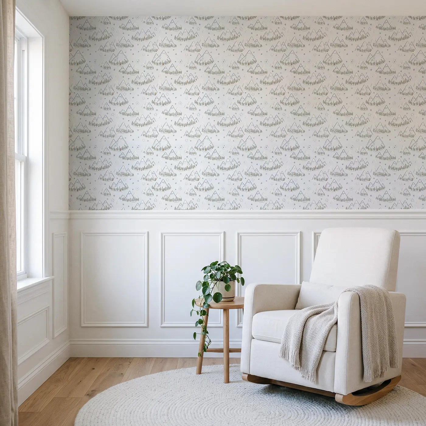 Triangular Mountain Hand-Drawn wallpaper above wainscoting - Whimsy Tots