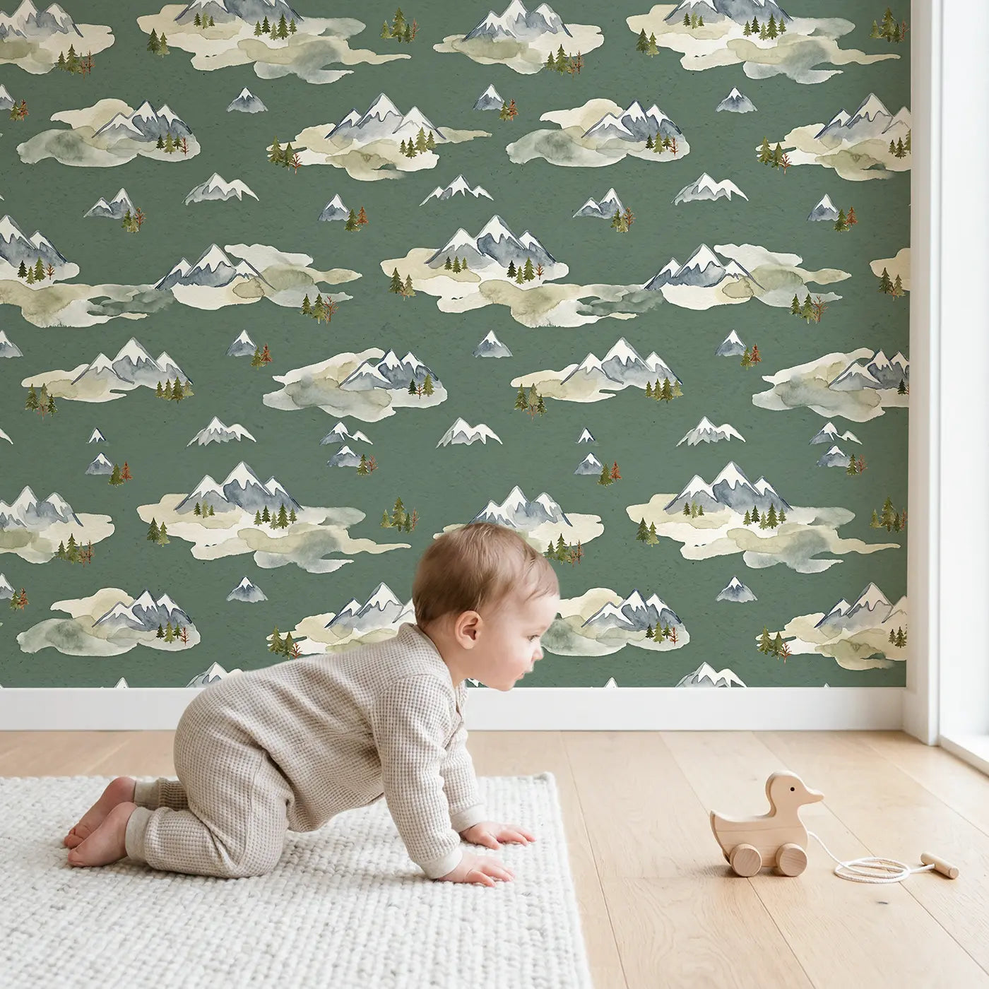 Snow-Capped Peak Watercolor wallpaper in styled kids room - Whimsy Tots