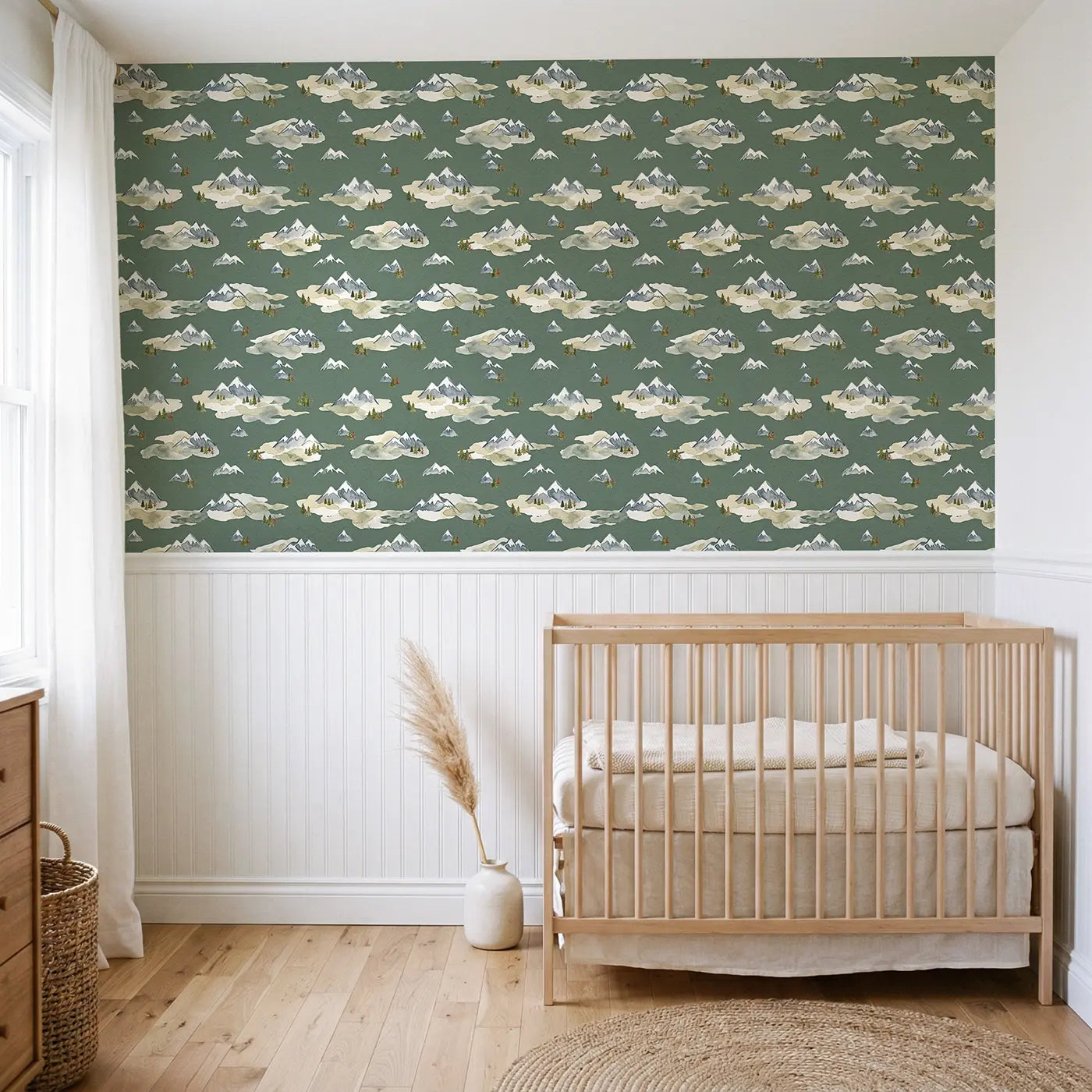 Snow-Capped Peak Watercolor wallpaper above wainscoting - Whimsy Tots