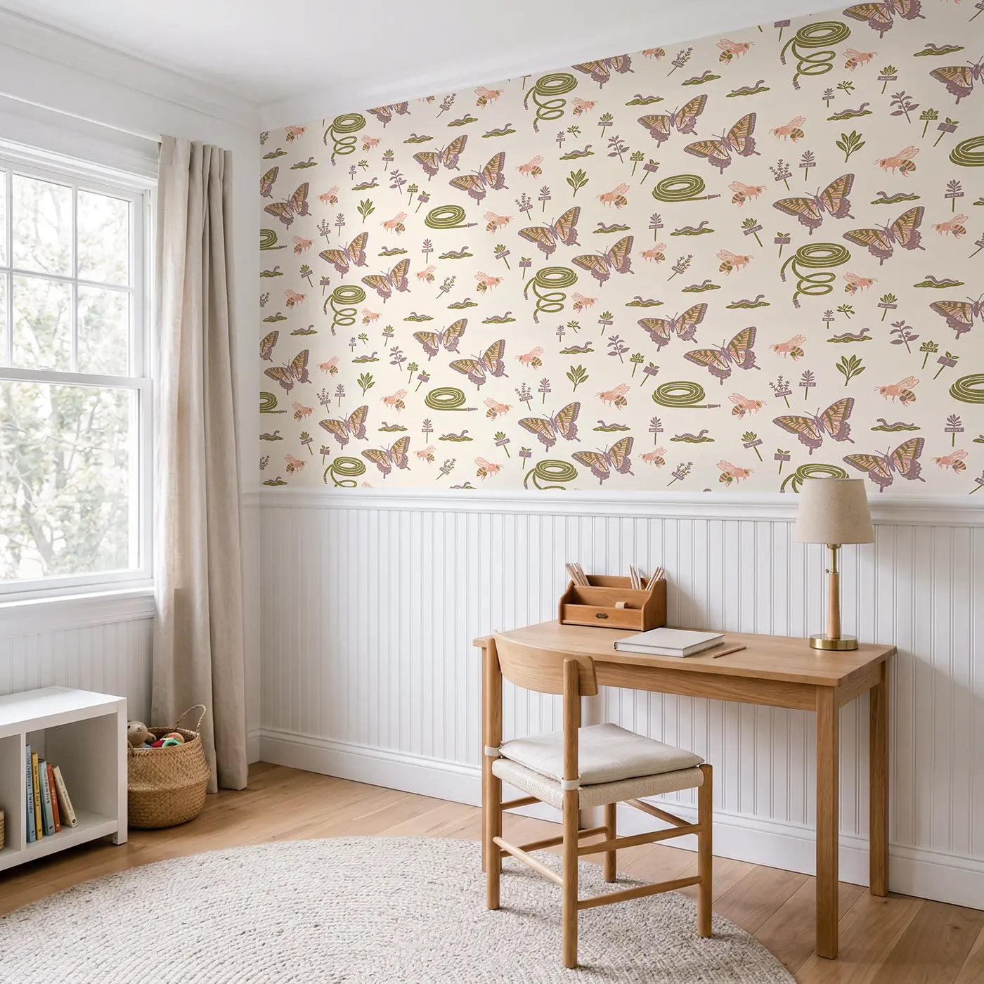 Tiger Swallowtail Bold Block Print wallpaper above wainscoting - Whimsy Tots