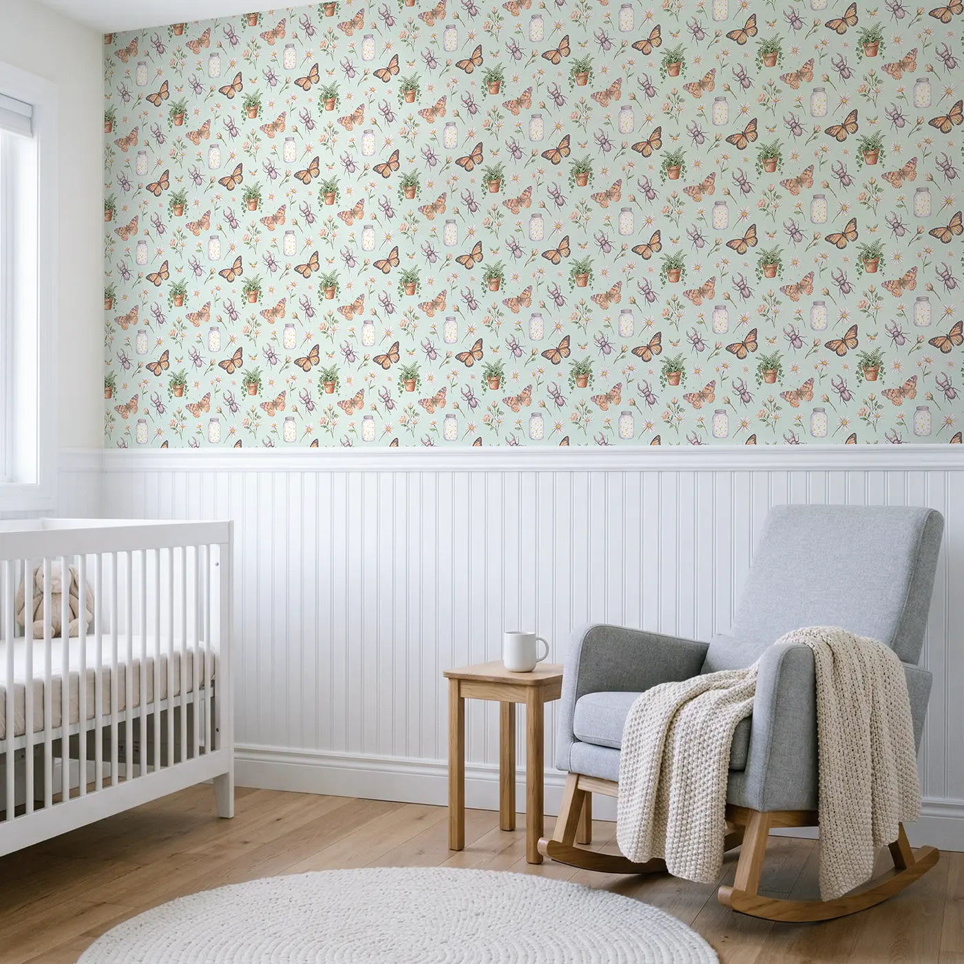 Painted Lady Butterfly Watercolor wallpaper above wainscoting - Whimsy Tots