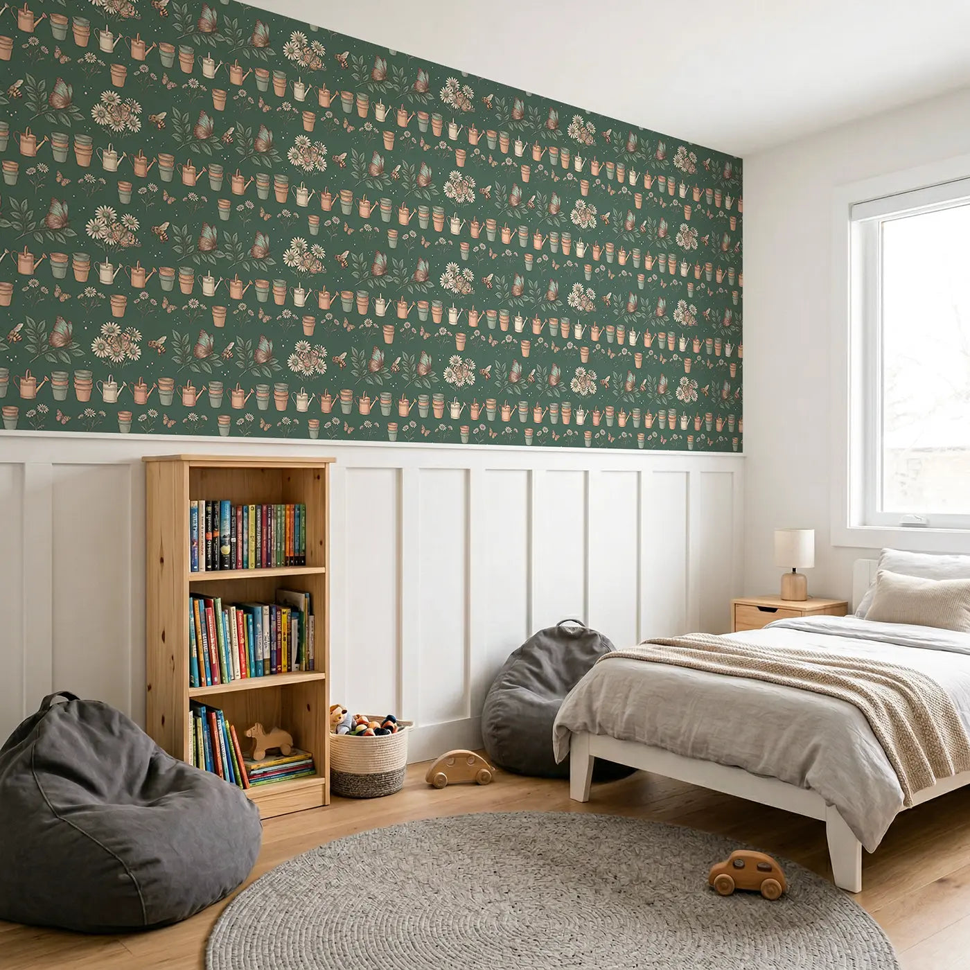 Blue Morpho Wings Botanical Elegance wallpaper above wainscoting - Whimsy Tots
