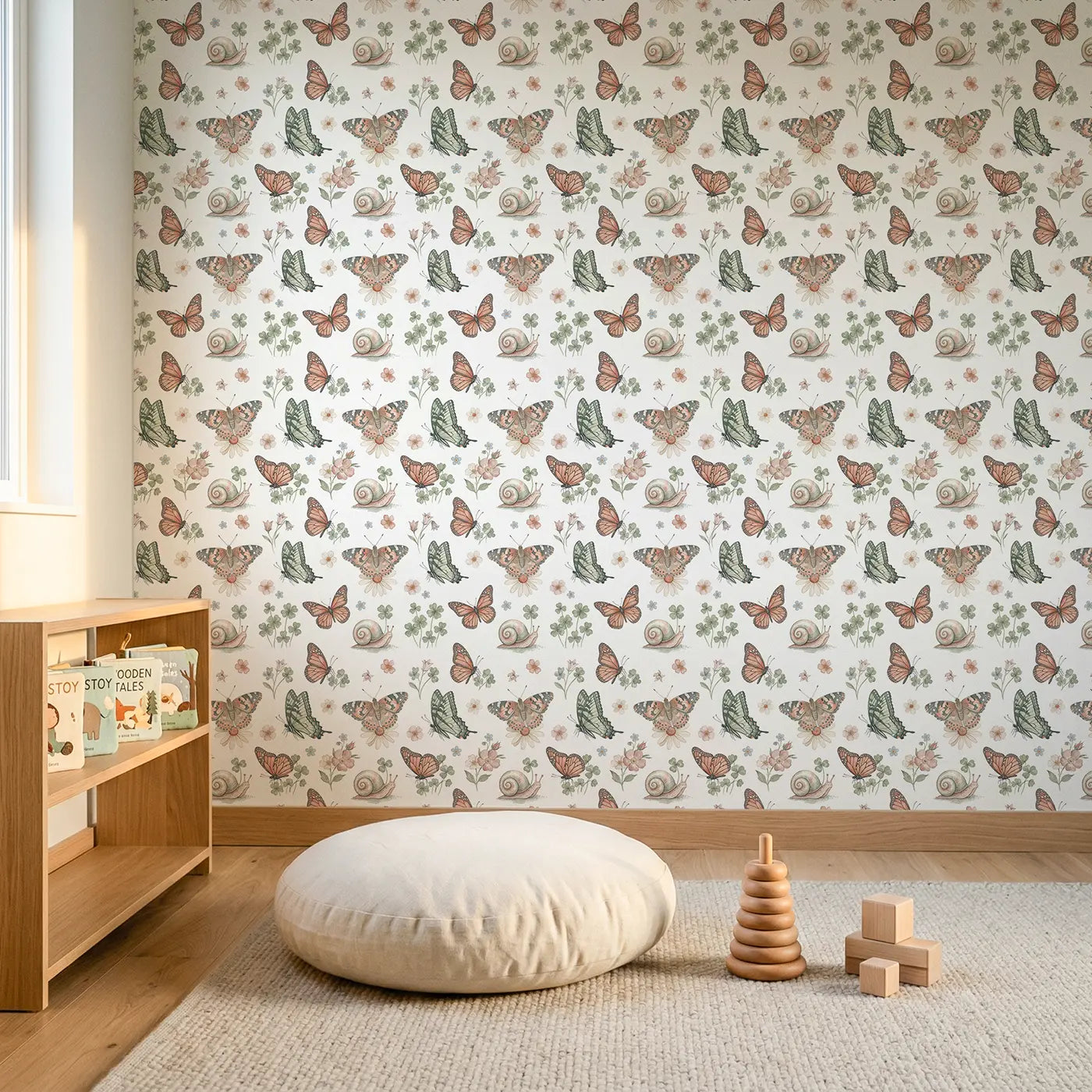 Painted Lady Resting Watercolor wallpaper in Scandinavian nursery - Whimsy Tots