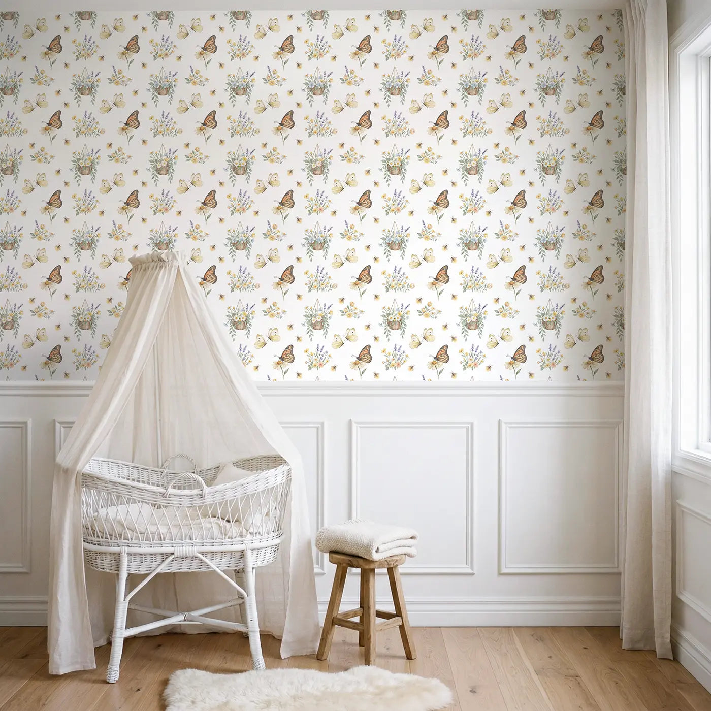 Pair Cabbage Watercolor wallpaper above wainscoting - Whimsy Tots