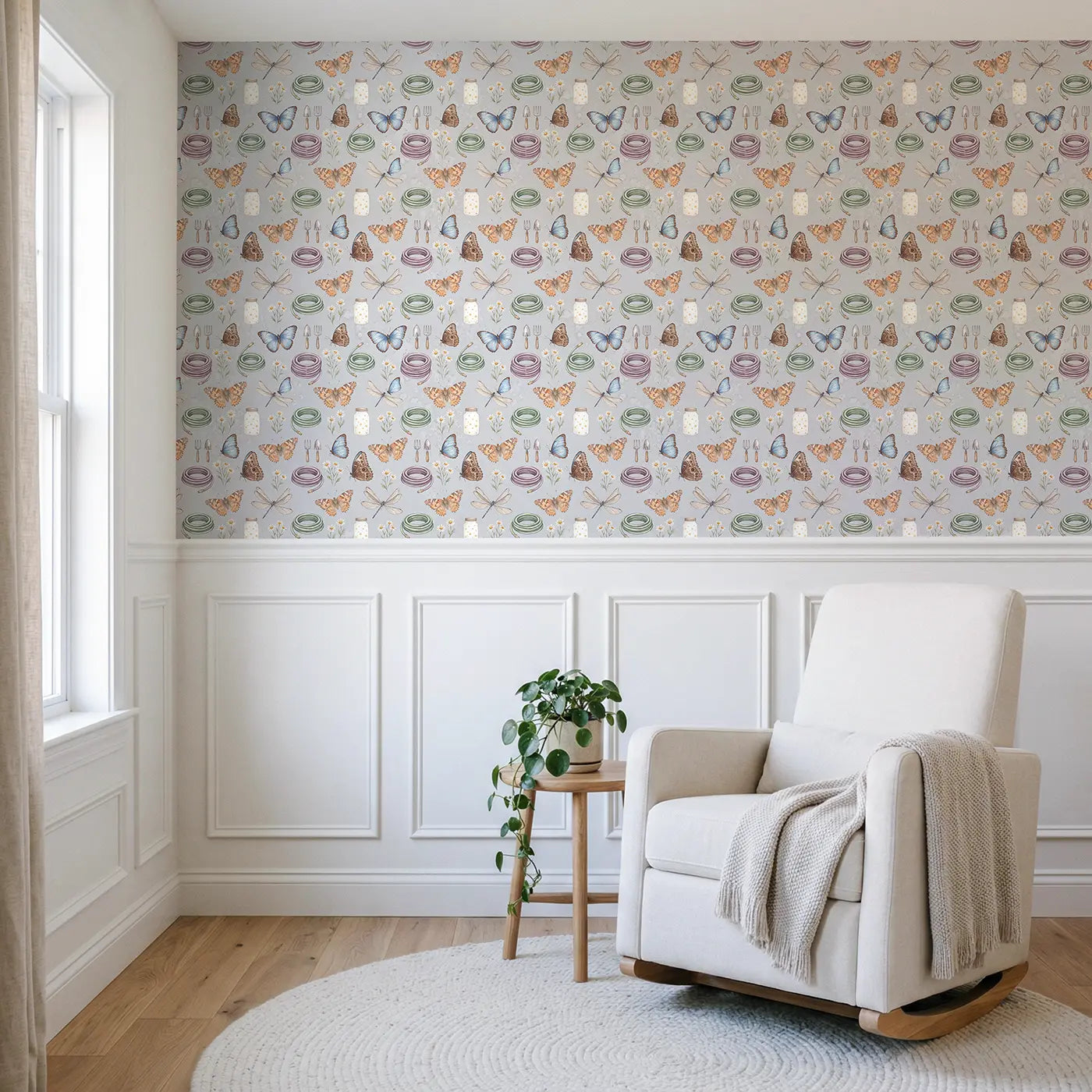 Painted Lady Butterfly Watercolor II wallpaper above wainscoting - Whimsy Tots