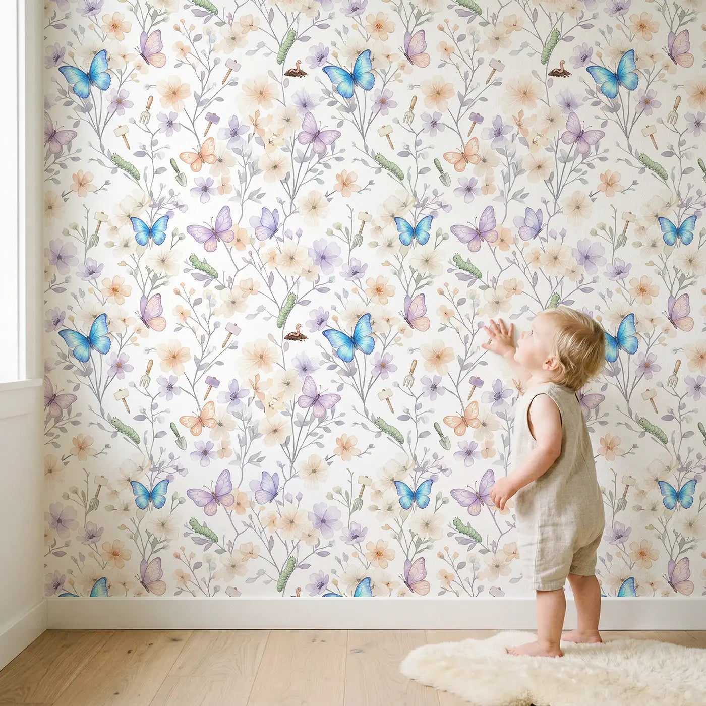 Blue Morpho Butterfly Watercolor wallpaper in styled kids room - Whimsy Tots