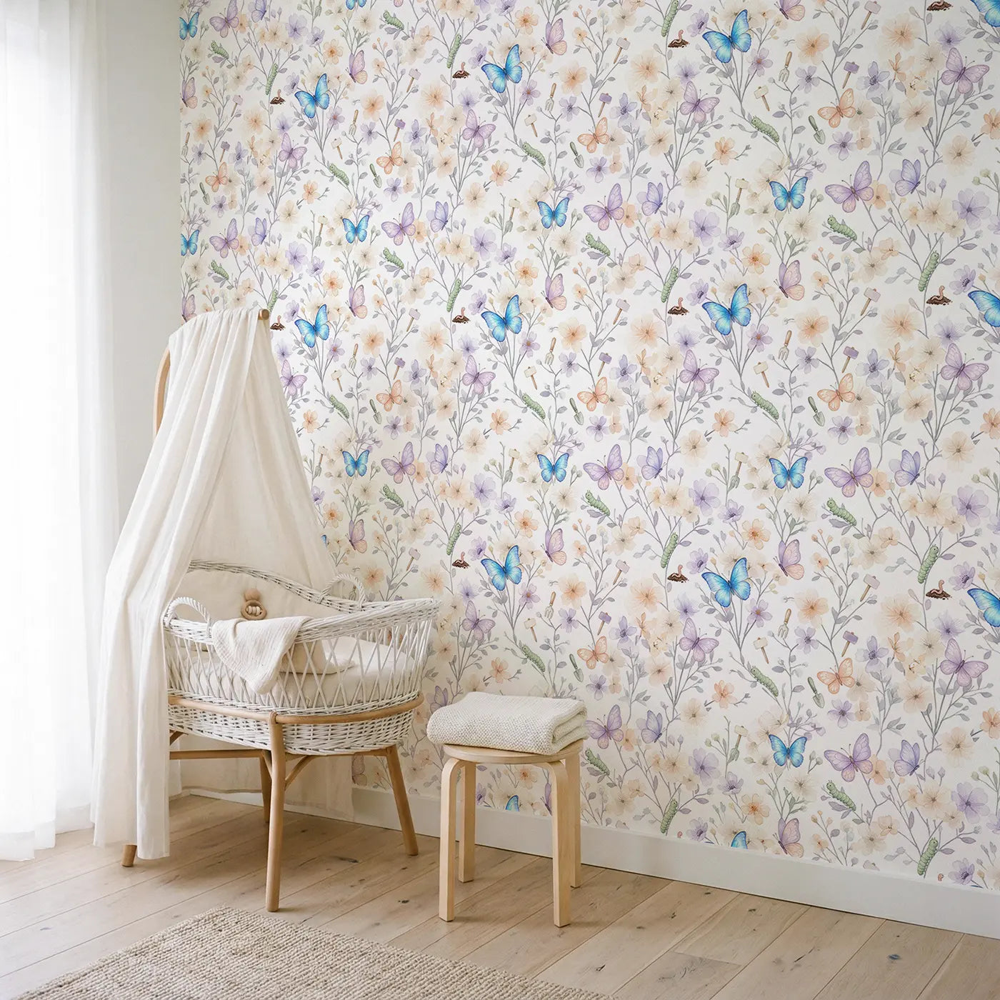 Blue Morpho Butterfly Watercolor wallpaper in Scandinavian nursery - Whimsy Tots