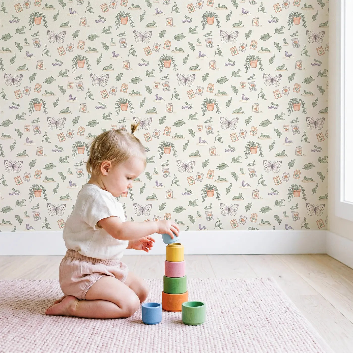 Delicate Cabbage Ditsy Floral wallpaper in styled kids room - Whimsy Tots