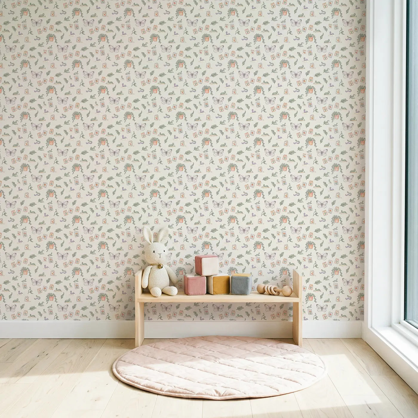 Delicate Cabbage Ditsy Floral wallpaper in Scandinavian nursery - Whimsy Tots