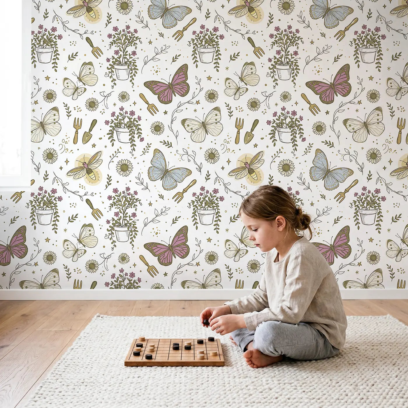 Monarch Butterfly Orange Hand-Drawn wallpaper in styled kids room - Whimsy Tots