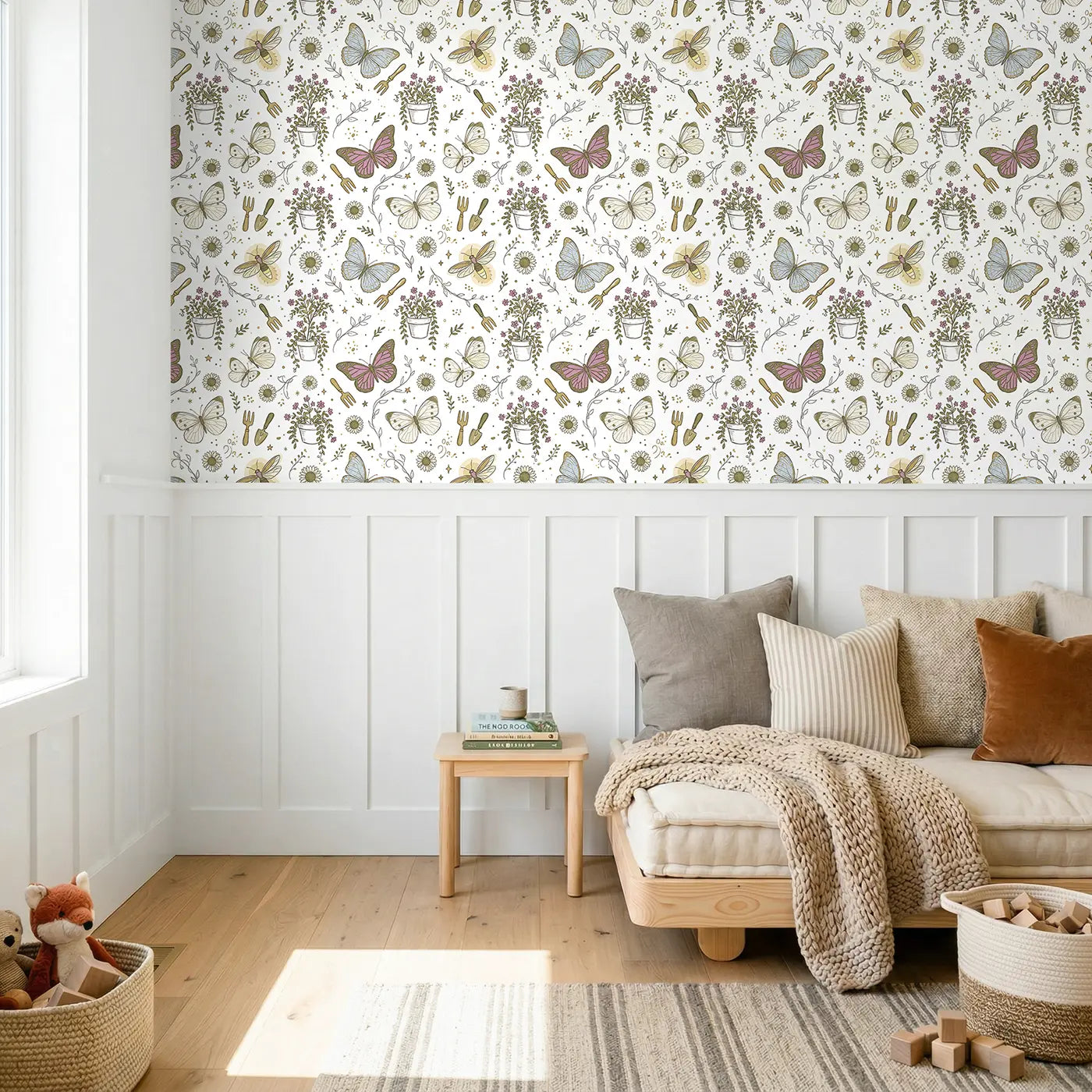 Monarch Butterfly Orange Hand-Drawn wallpaper above wainscoting - Whimsy Tots