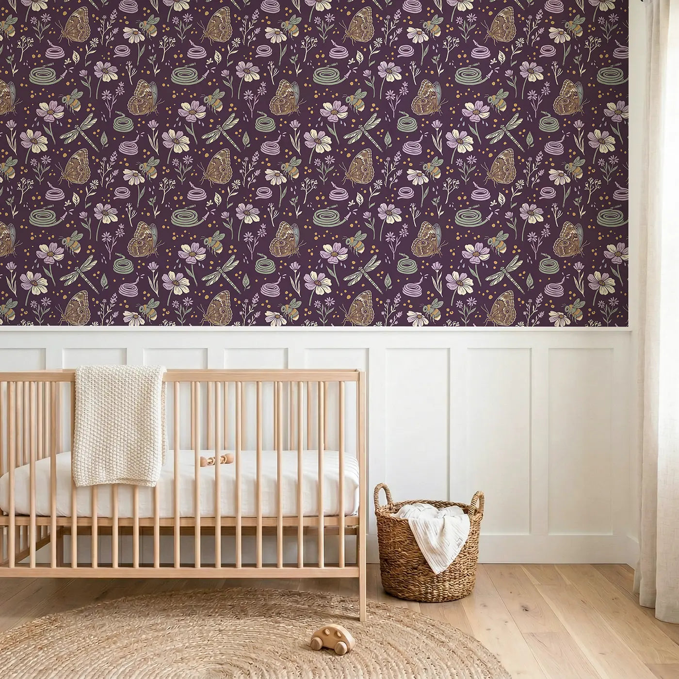 Blue Morpho Wings Block Print wallpaper above wainscoting - Whimsy Tots