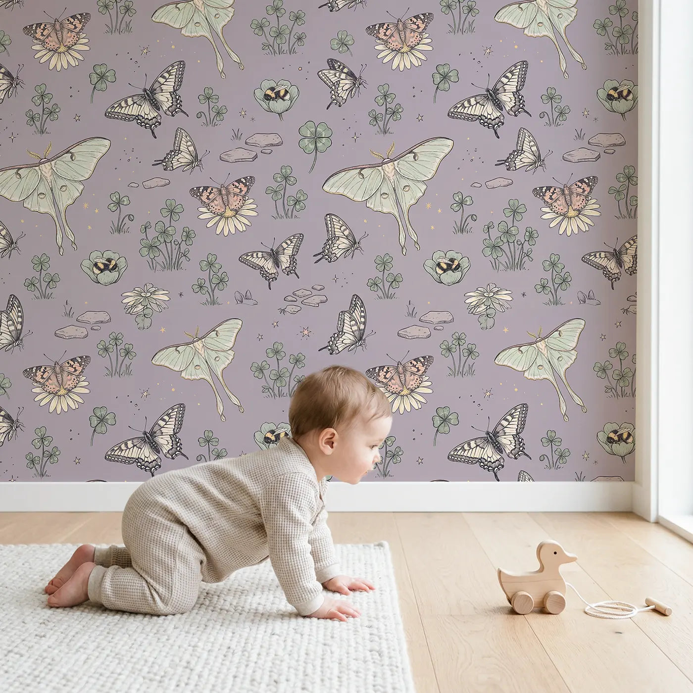 Luna Moth Pale Hand-Drawn wallpaper in styled kids room - Whimsy Tots