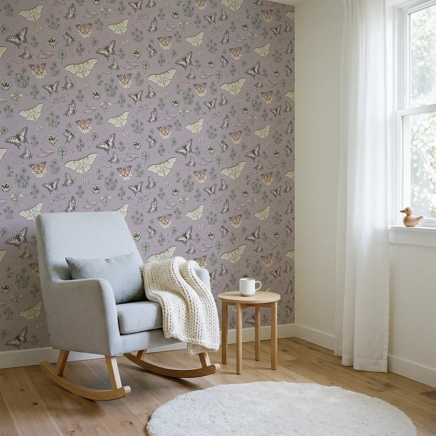 Luna Moth Pale Hand-Drawn wallpaper in Scandinavian nursery - Whimsy Tots